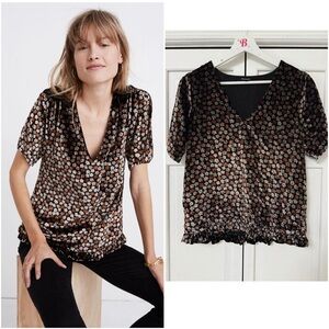Madewell Velvet Tulip-Sleeve Ruffle Top in Petite Blooms Burnout True Black XS